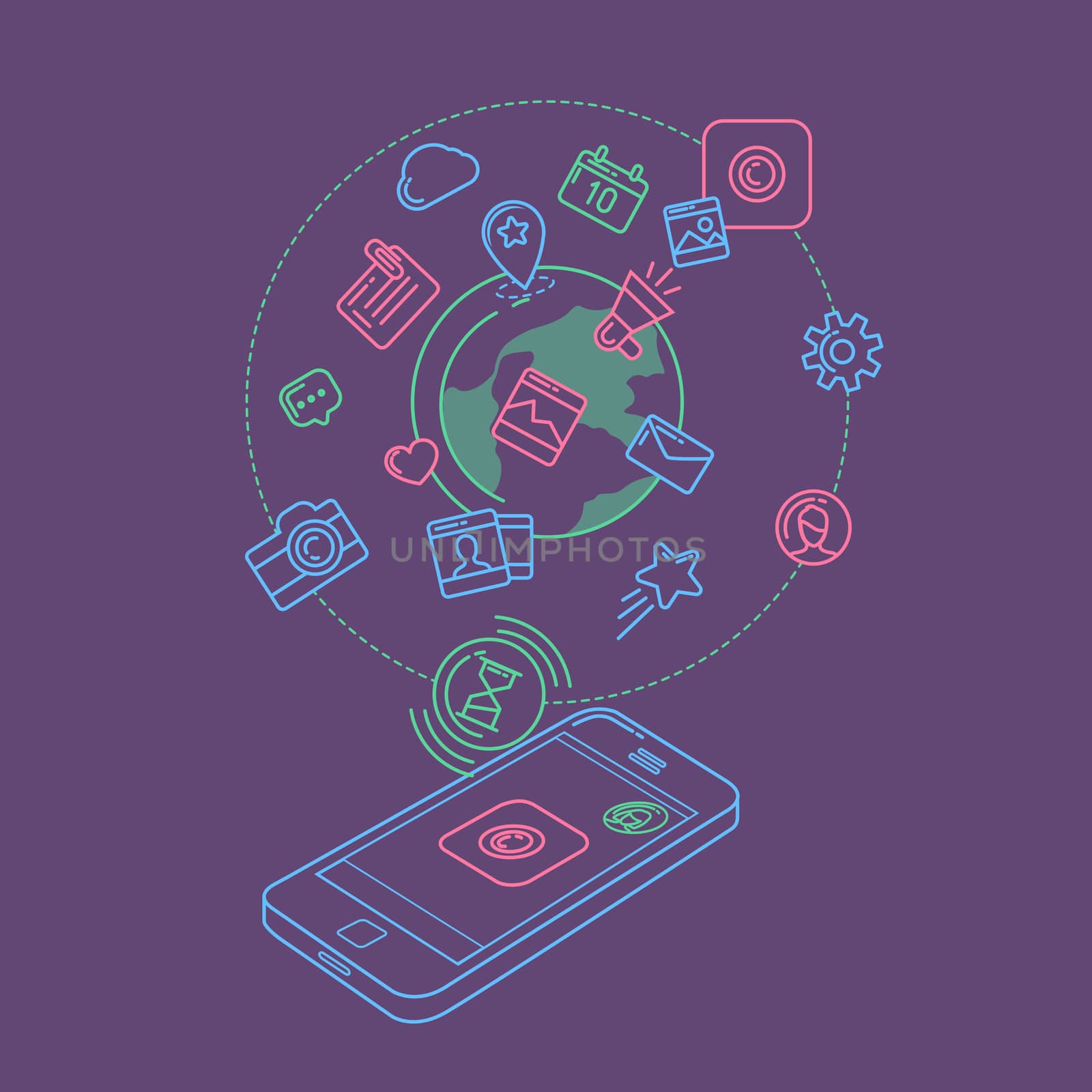 Flat linear illustration of social media, social networking, mobile app, sharing, communication, and social commerce.