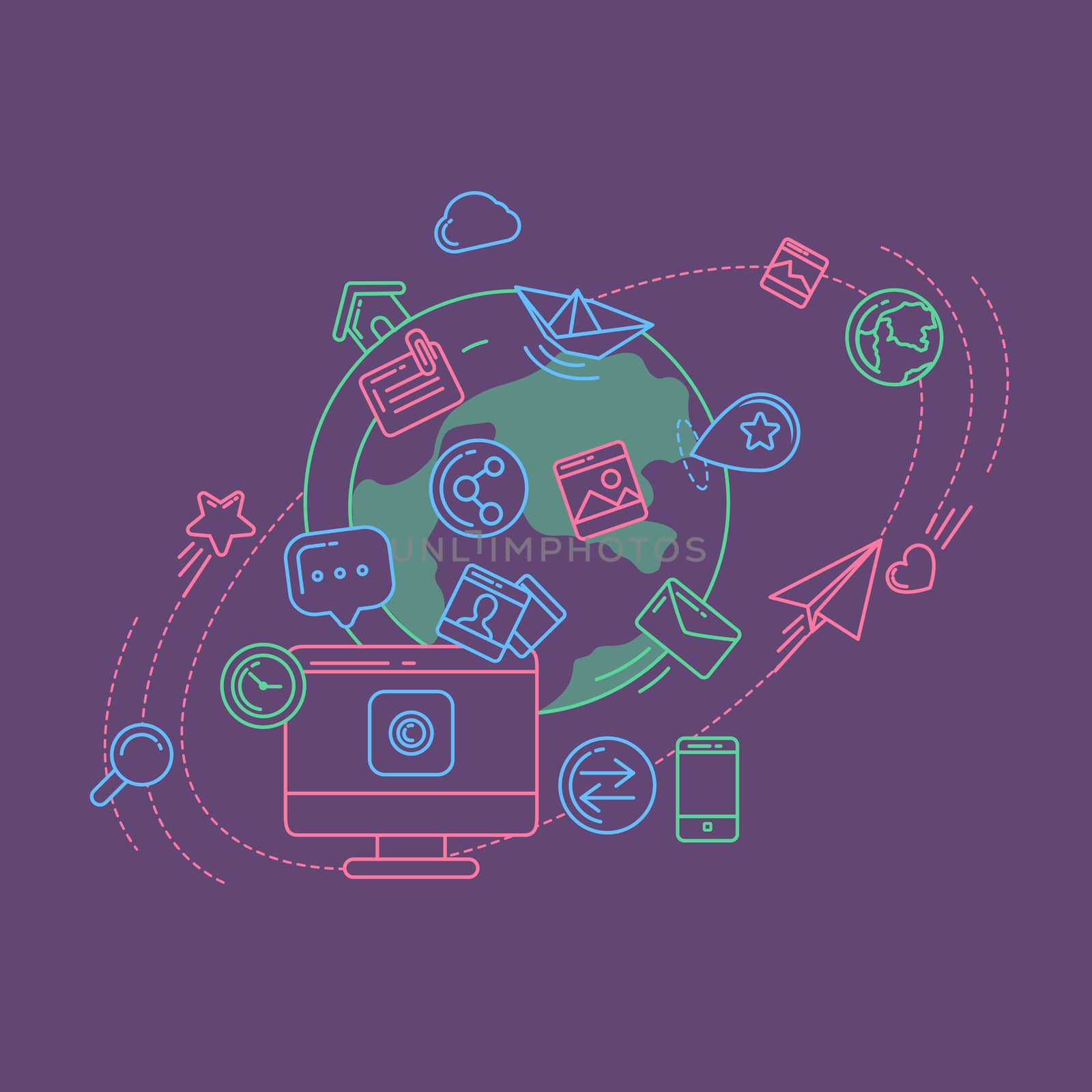 Flat linear illustration of social media, social networking, mobile app, sharing, communication, and social commerce.