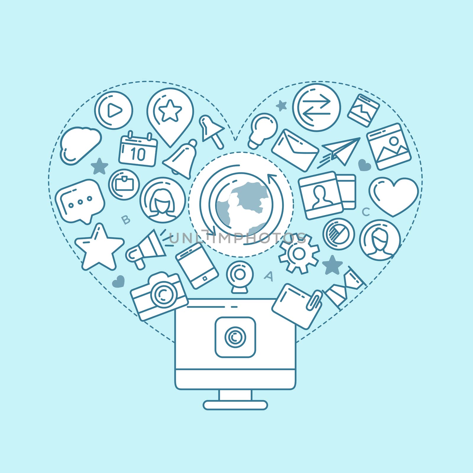 Flat linear illustration of social media, social networking, mobile app, sharing, communication, and social commerce.