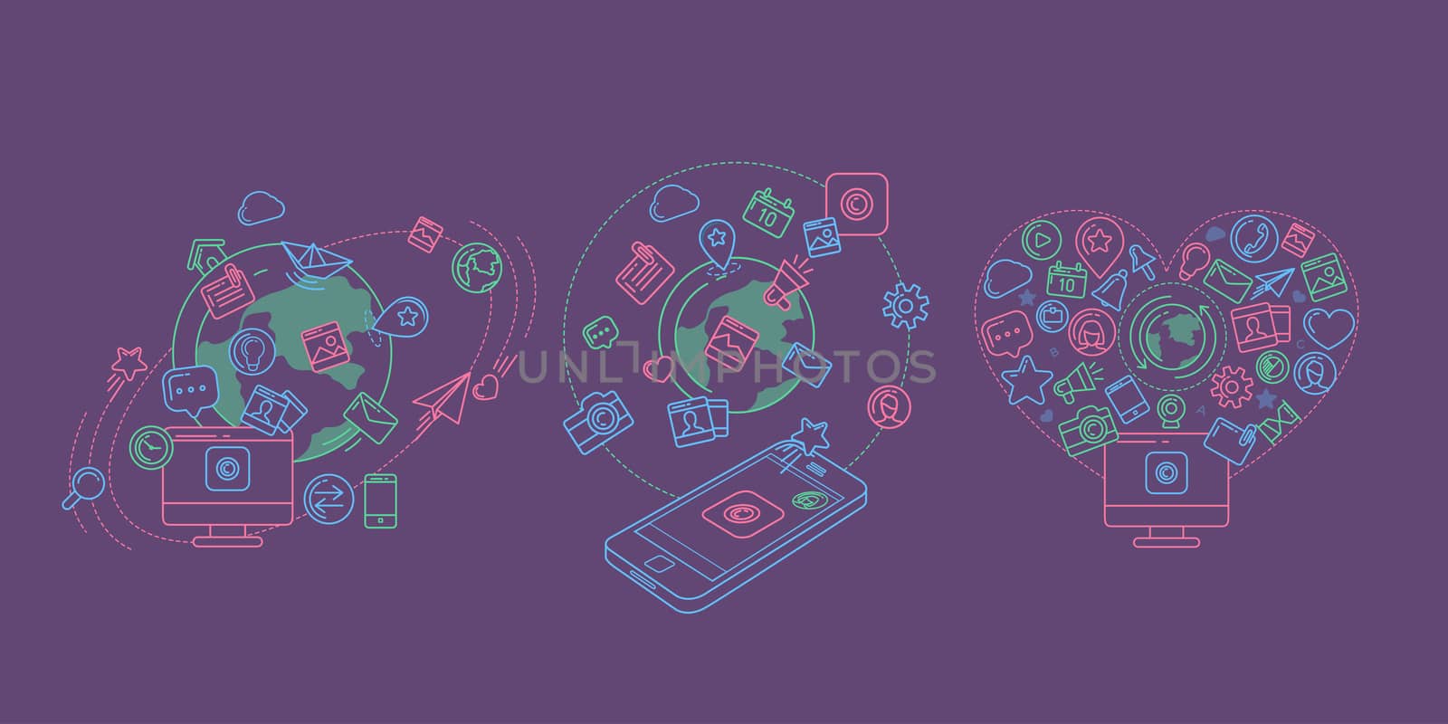 Flat linear illustration of social media, social networking, mobile app, sharing, communication, and social commerce.