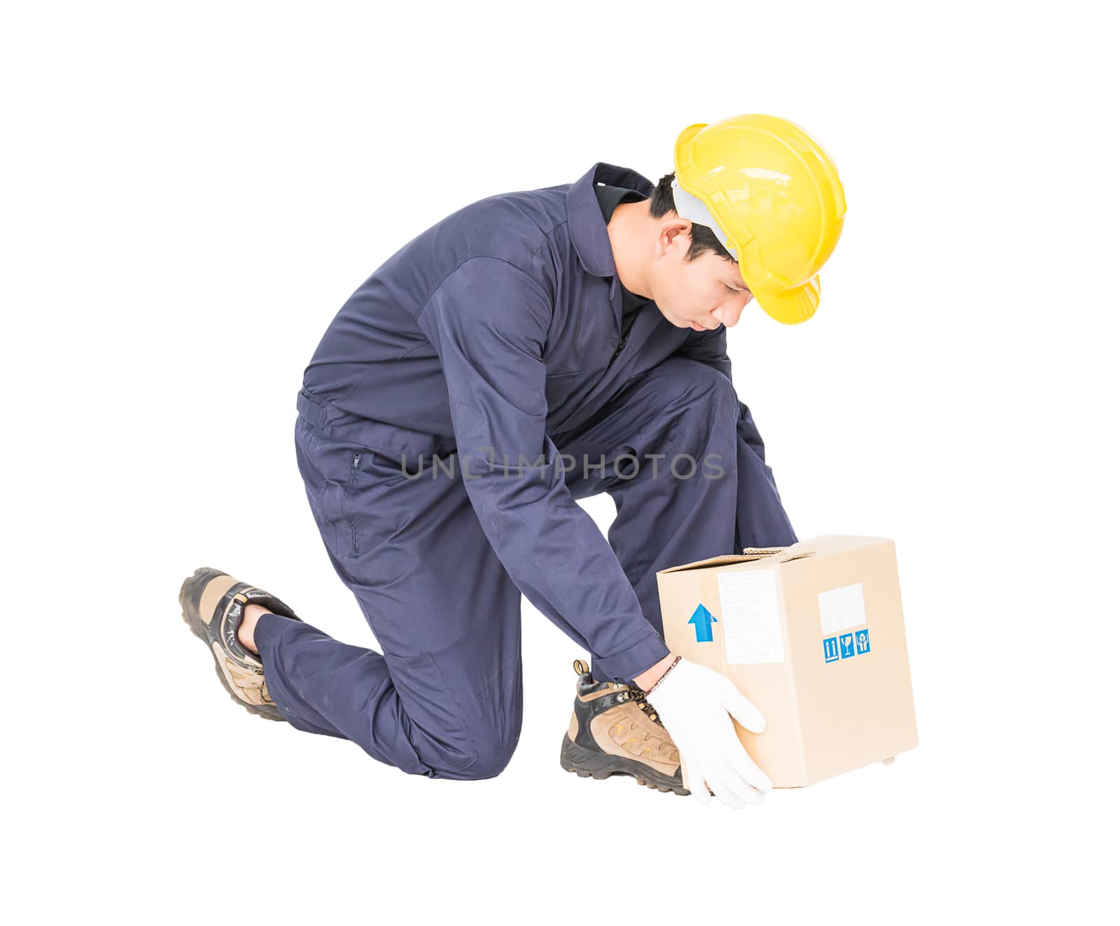 Man in uniform lifting the paper box, Isolated on white background