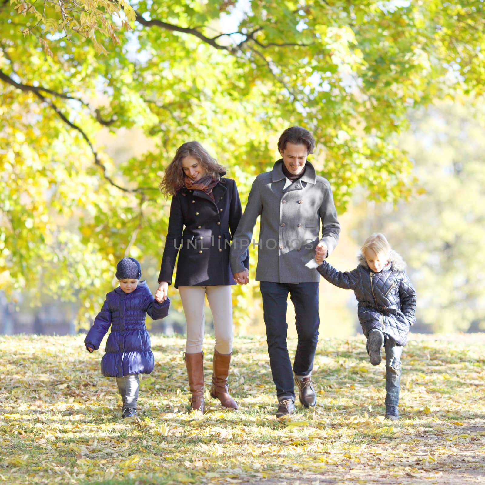 Family with children walking in autumn park by ALotOfPeople