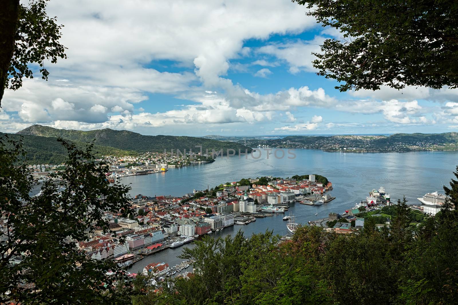 Panoramic top view on the harbor of Bergen, Norway