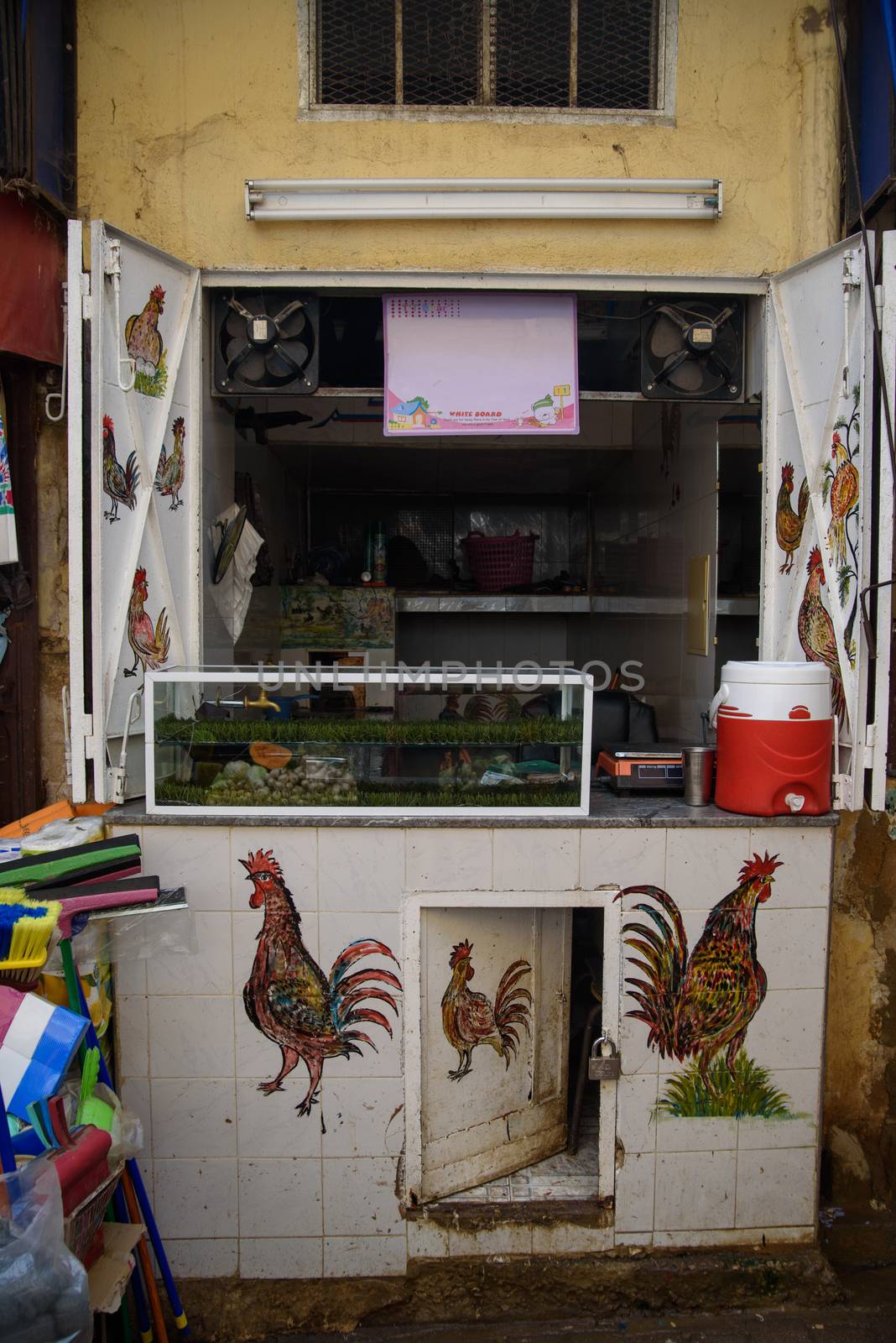 Chicken stall on traditional Moroccan market (souk) in Fez, Morocco