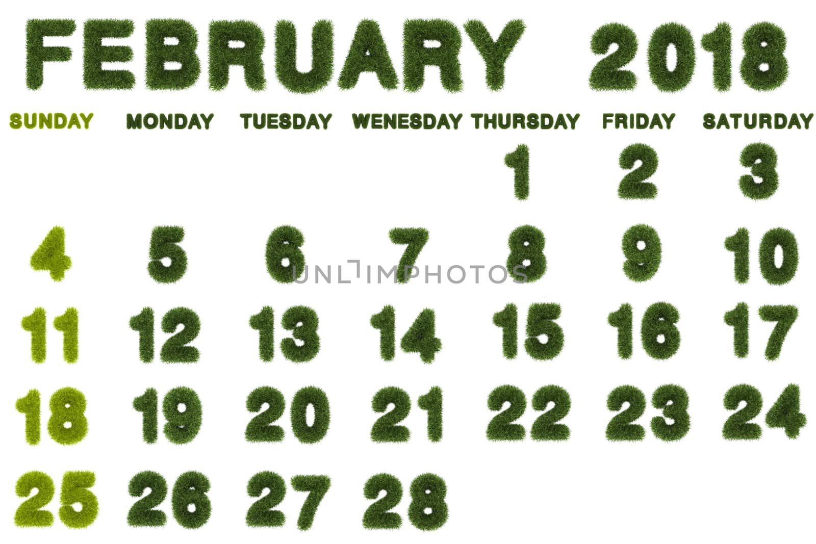 Calendar for February 2018 on white background,3d rendering green grass