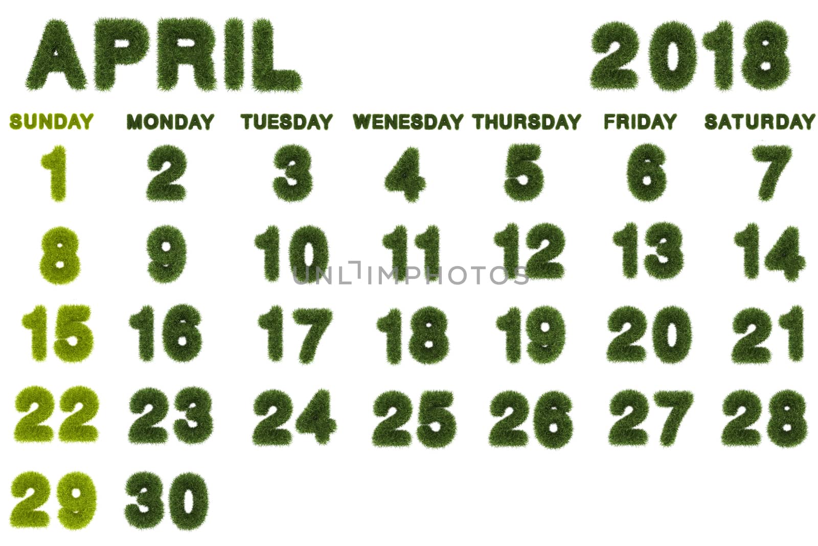 Calendar for 2018 on white background,3d rendering green grass