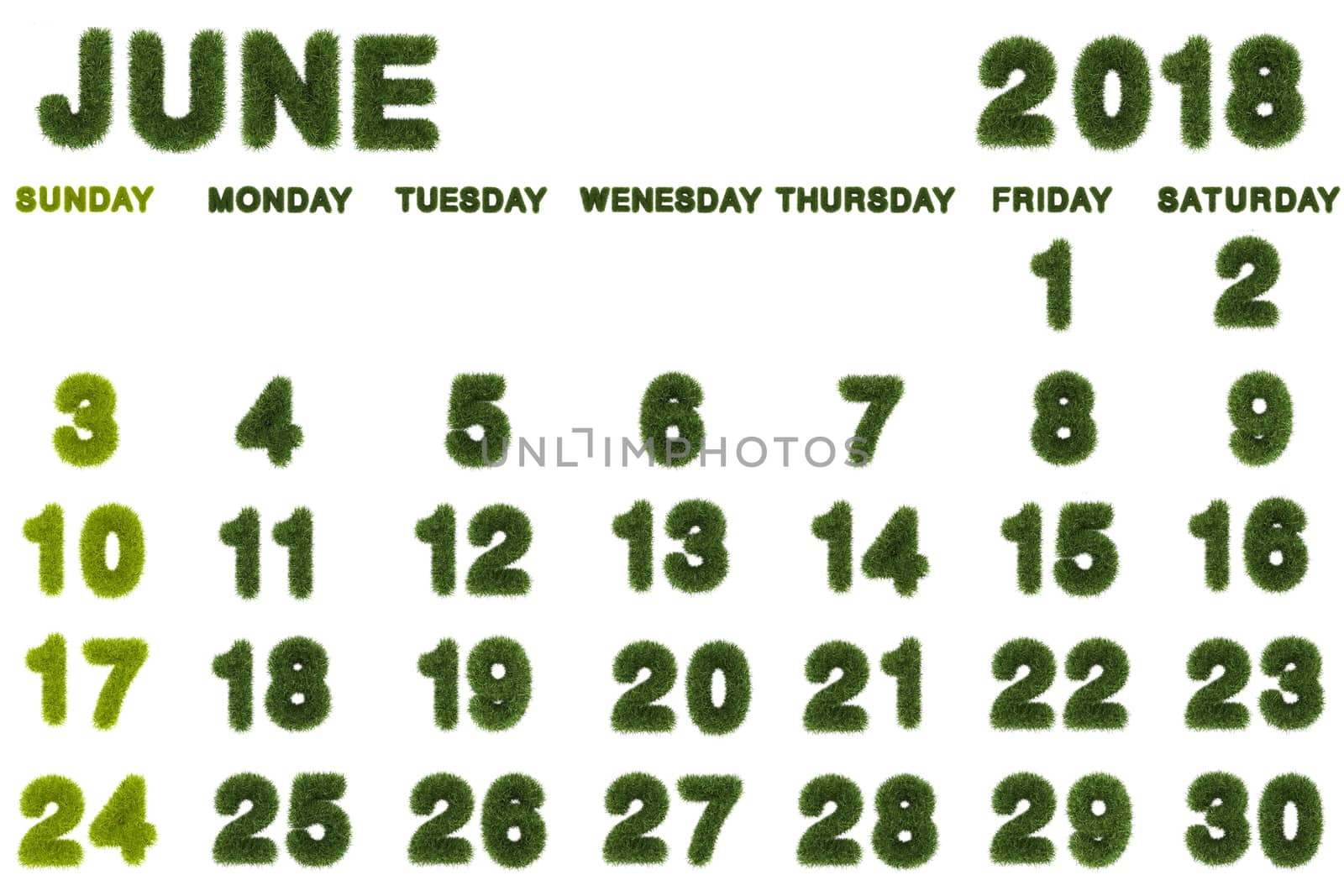 Calendar for June 2018 on white background,3d rendering green grass