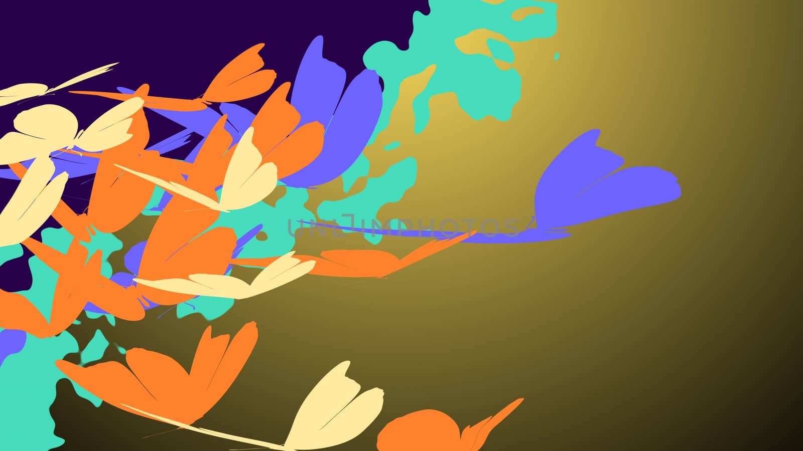 Impressive multicolored 3D illustration with fragile butterflies of gray, white and orange colors with clubbed antennae in the violet, light blue and camel background