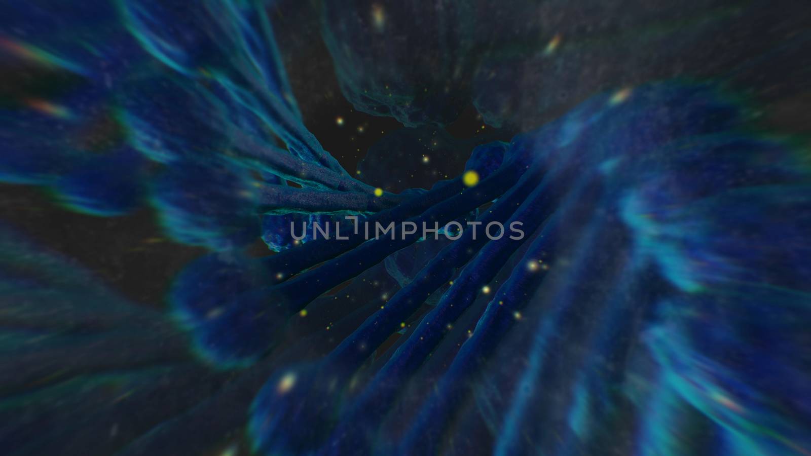 Enigmatic 3d rendering of a futuristic looking universe with clubbed lines, sinister smoke, and bright spots in the dark blue background.The illustration looks unusual and fine