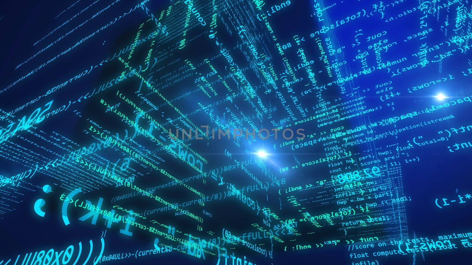 Pioneering 3d rendering of a futuristic computer modeled cyberspace with a digita cube of black and blue color inside of it. The flying formulas and digits look fine