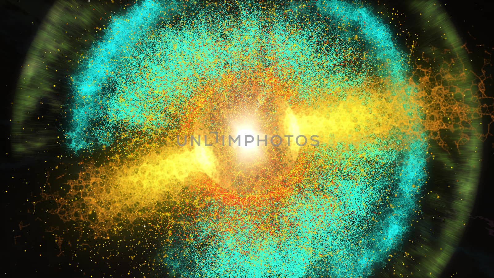 Impressive 3D illustration of the light green galaxy with a lot of dots having a round shape with a ball looking center of yellow color. The galaxy looks bright and dreamlike