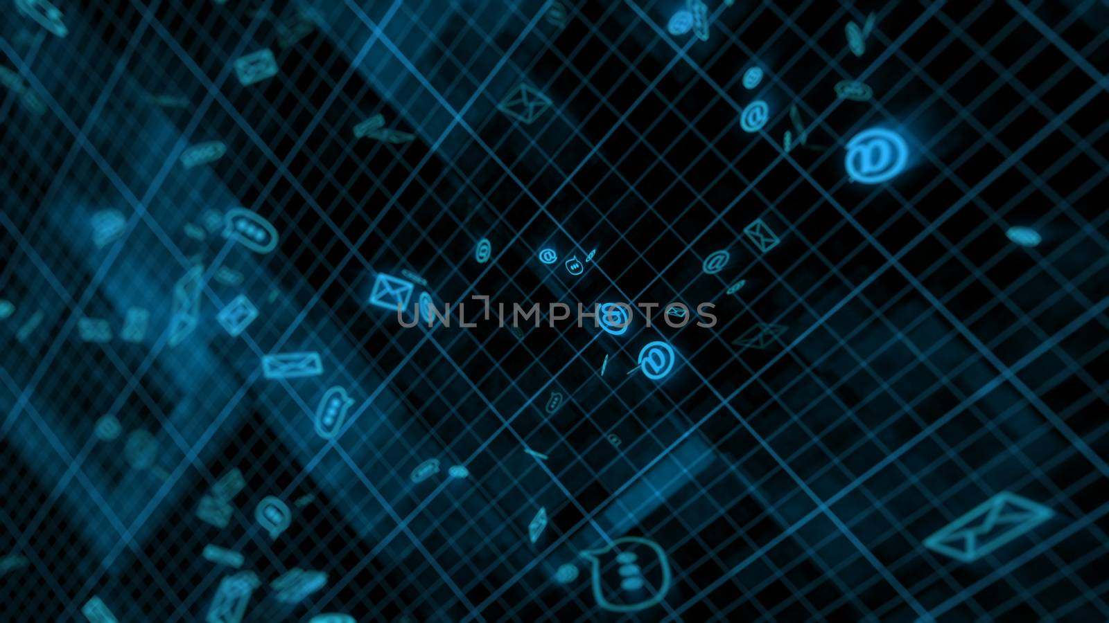 Futuristic 3D illustration of the dark blue cyberspace covered with parallel and perpendicular lines with flying at signs, three dot signs and bright envelopes enigmatically
