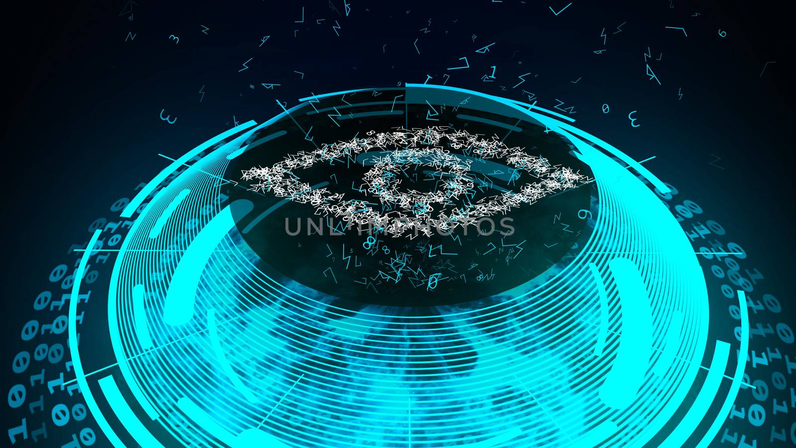 Futuristic 3d illustration of a light blue and spheric cyber security device to check the identity of a person through his or her eye. The appliance is spheric and light blue