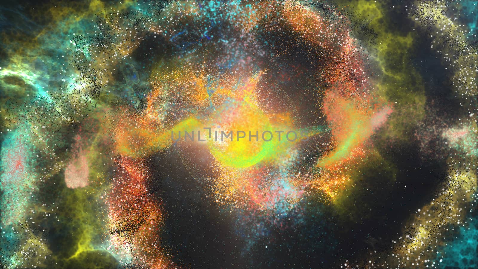 3D illustration of a spiral and multicolored galaxy, which has three round and curve surfaces,which are of yellow, orange, black and blue colors. The billions of stars are blurred