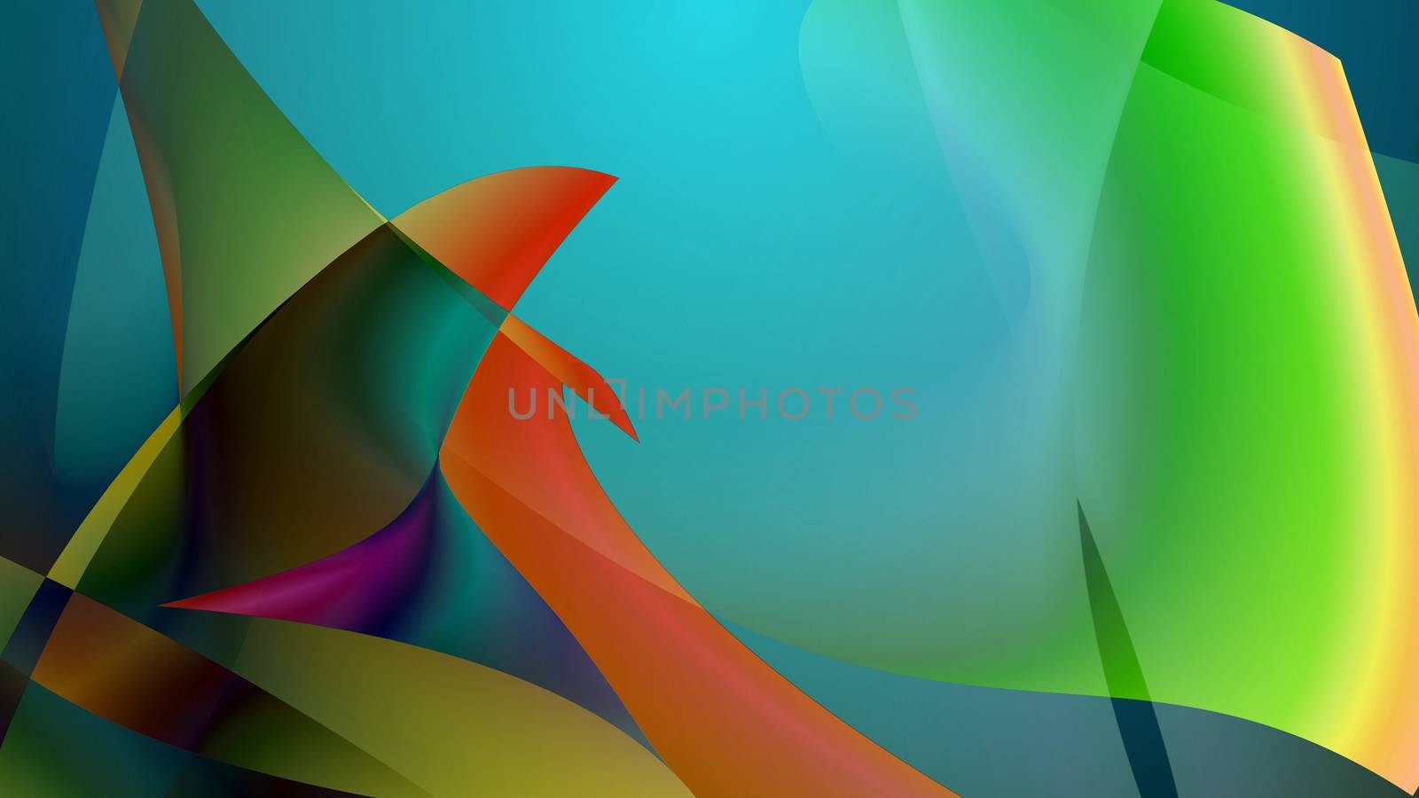 Arty looking 3D illustration of several multicolored fish flippers which touch each other tenderly. This is an enigmatic representation of dolphin love in yellow, blue and green colors