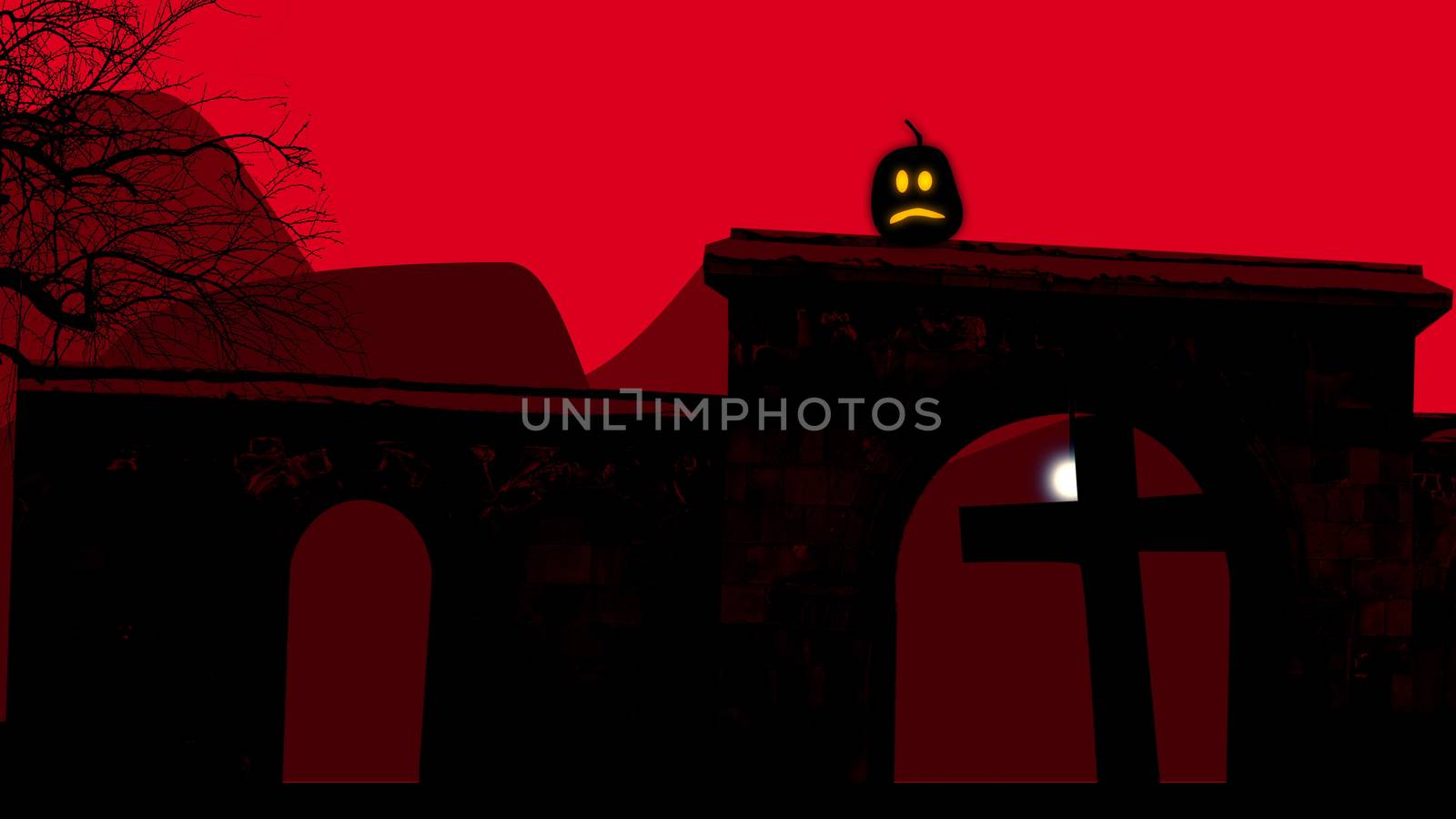 3D illustration of two semi circular arches with crosses inside at a graveyard on Halloween  at night. The lit pumkin is on one of the arches. The dark red background and the full moon look scary. 