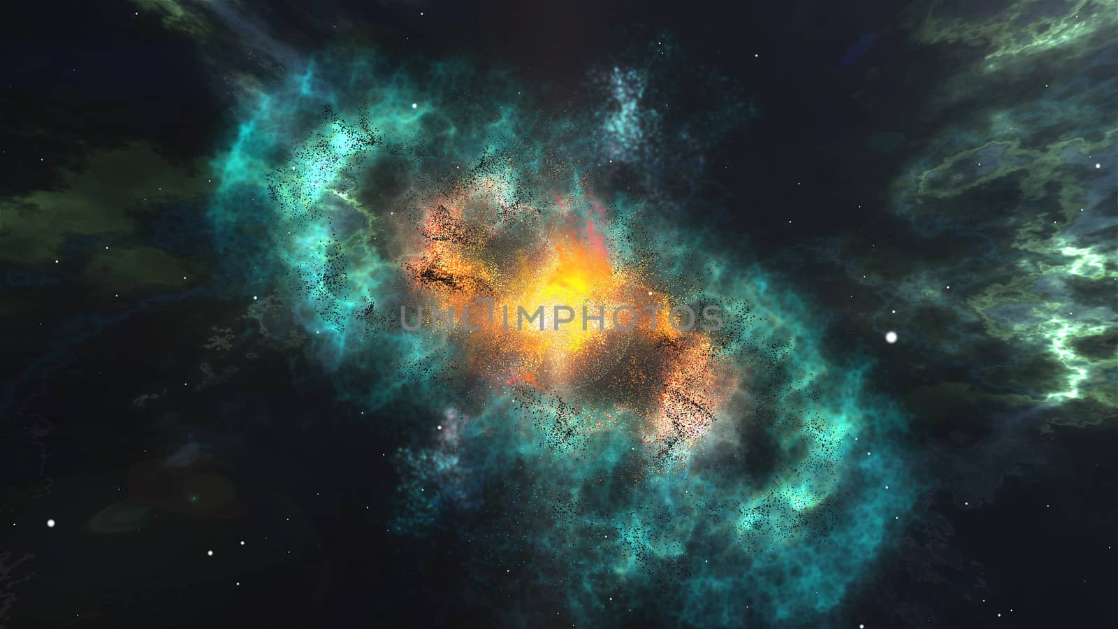 Splendid 3D illustration of a bright blue galaxy covered with blurred plazma looking clouds consisting of billions of suns, stars and planets. The center is bright yellow