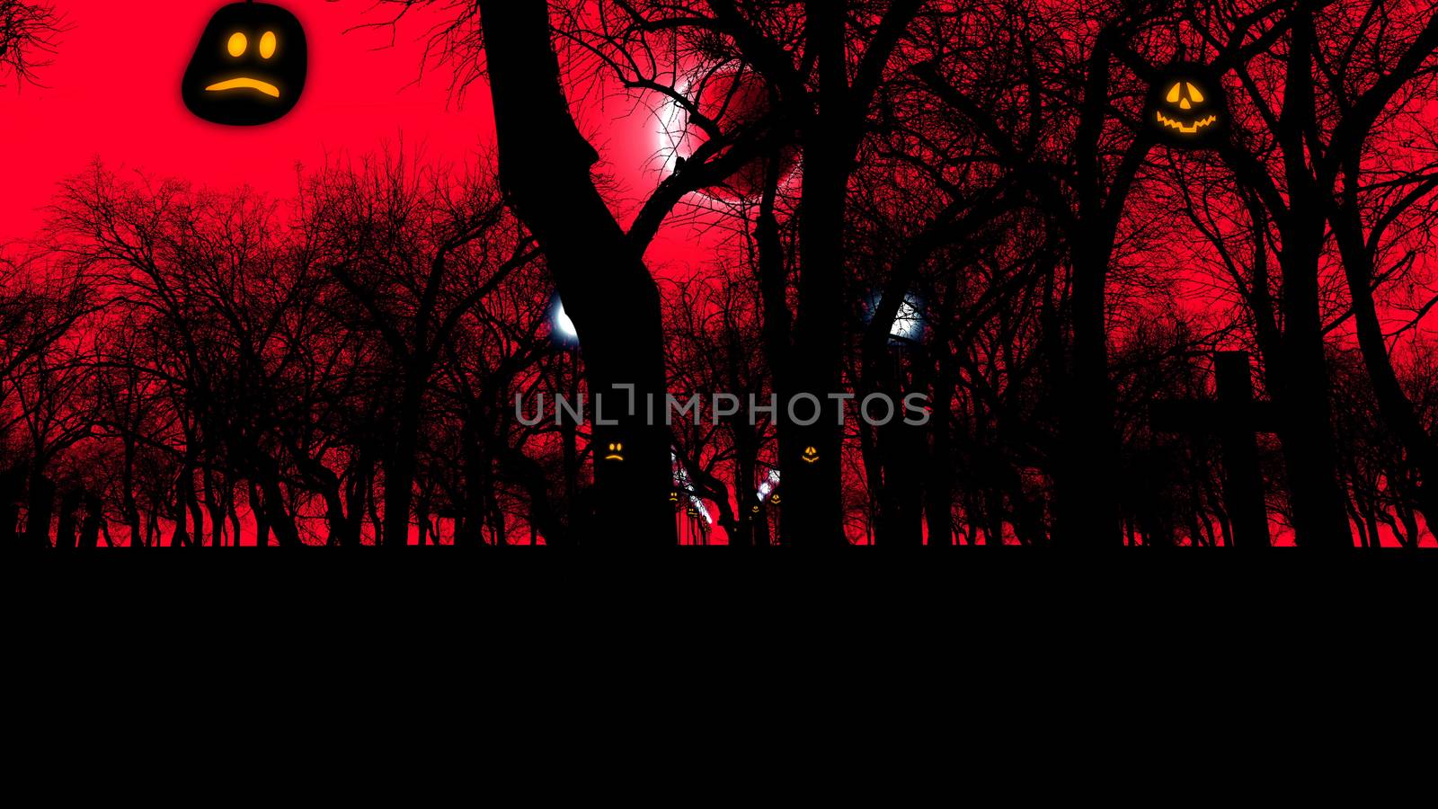 3D rendering of an ancient graveyard with two lit pumpkins and sinister trees on Halloween at moon eclipse. The sinister red sky and street lanterns look mysterious and threatening. 