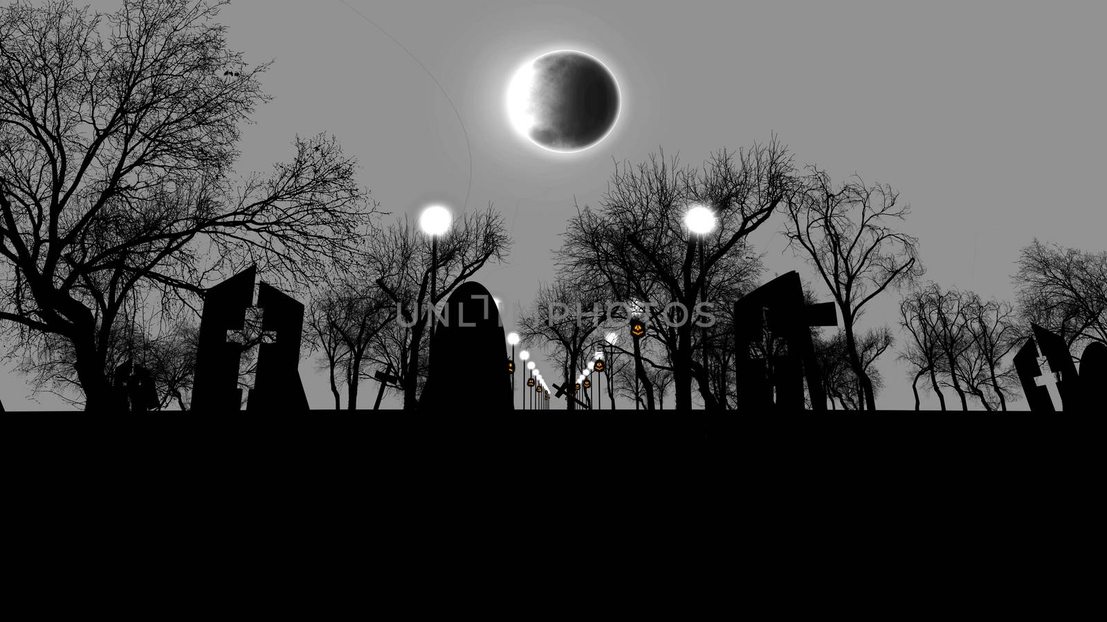 3D illustration of an old cemetry full of creepy spitirs with half ruined tombs with crosses, street lanterns, sinister trees, on Halloween.  The dark sky and moon blackout look chilling. 