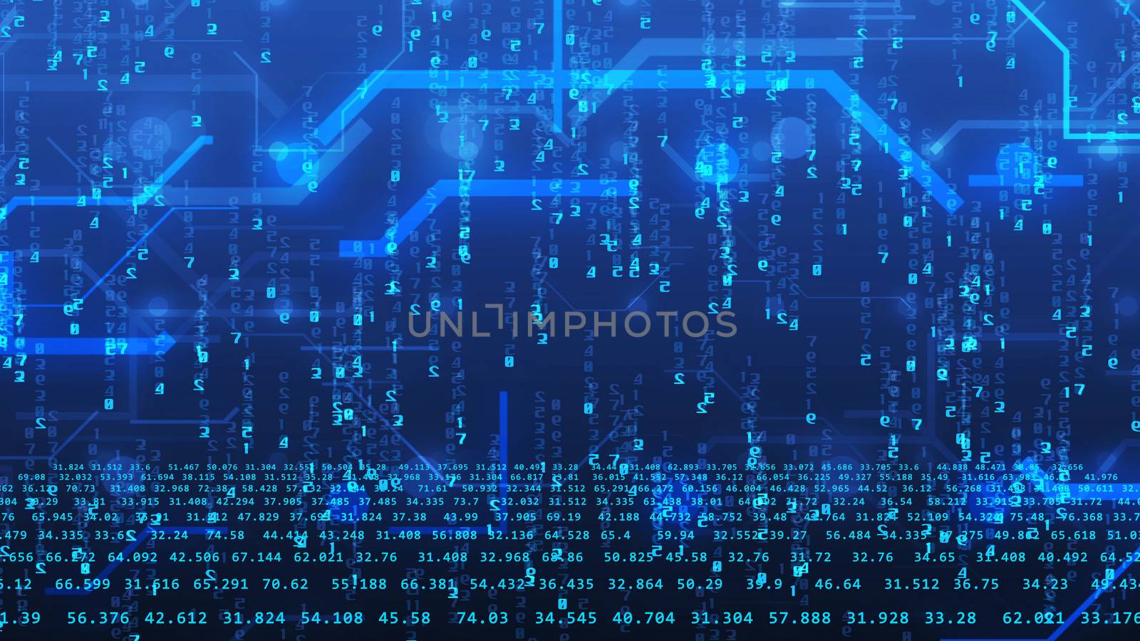 Futuristic 3D rendering of a sci-fi cyberspace with circular style passway and light blue digits with numerous and enigmatic computer graphic lines and dark blue background.