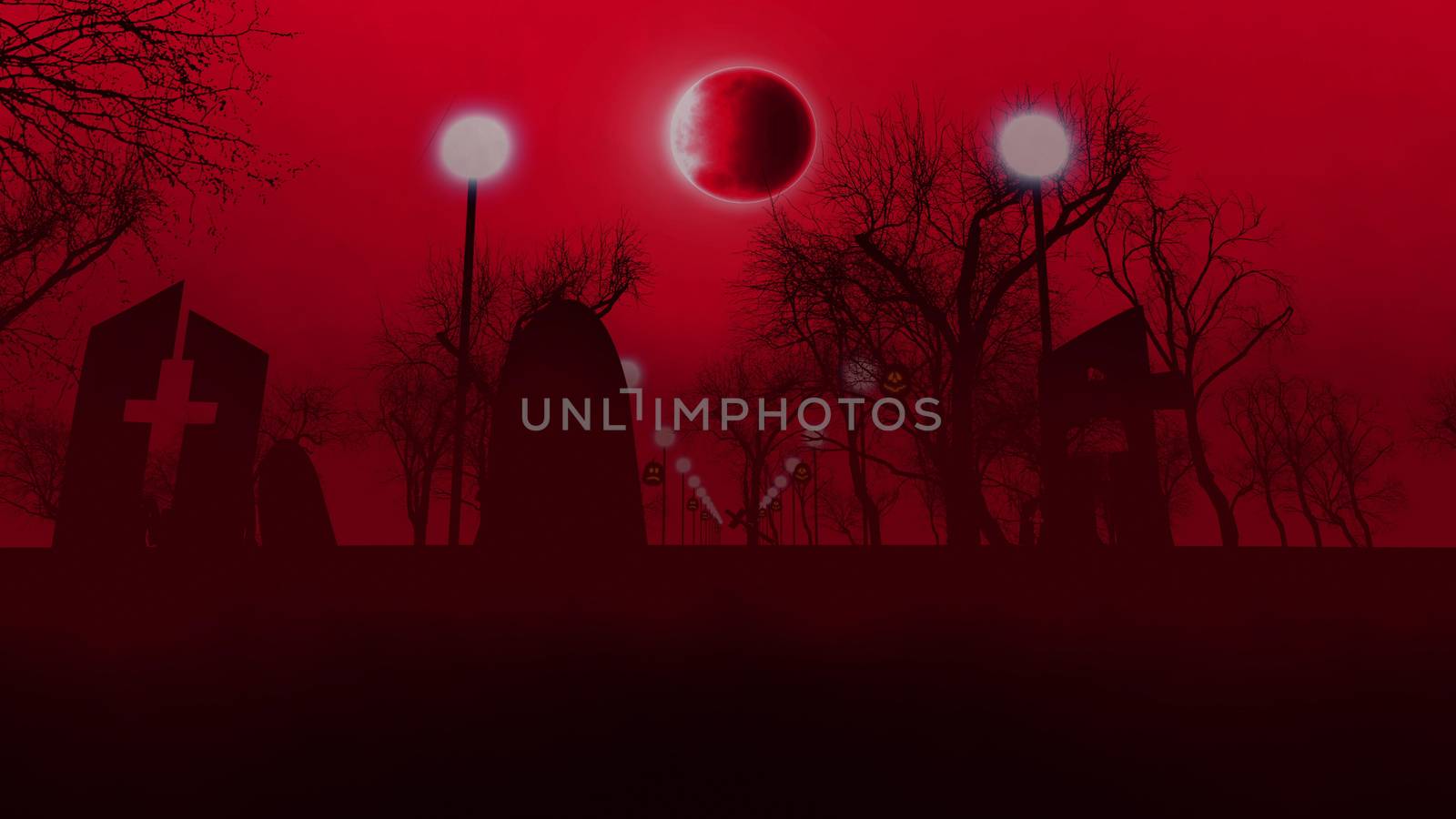 3D rendering of an old graveyard with three tombs with crosses, a row of street lanterns, and several sinister trees, on Halloween.  The bloody sky and moon eclipse look menacing. 