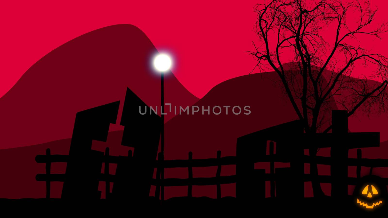 3D illustration of an old graveyard with three half ruined tombs with crosses, a sinister tree, and a street lantern on Halloween. The dark red sky looks mysterious and threatening.