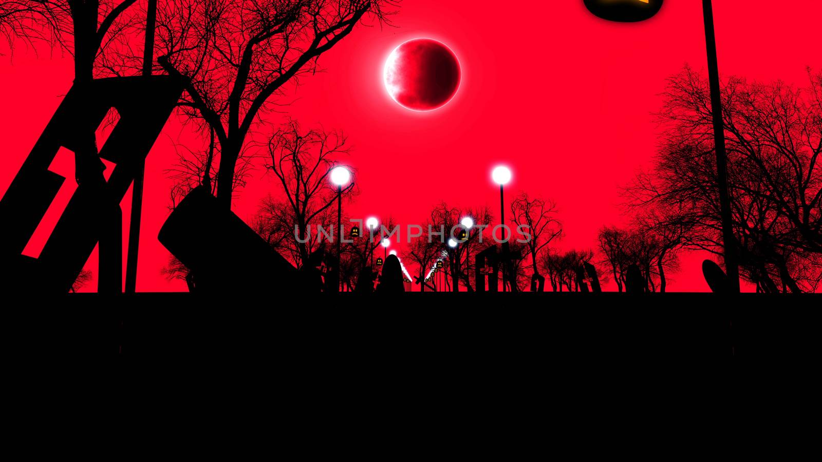3D illustration of an old cemetry with several half ruined tombs with crosses, a row of street lanterns, and several sinister trees, on Halloween.  The red sky and moon eclipse look  ominous. 
