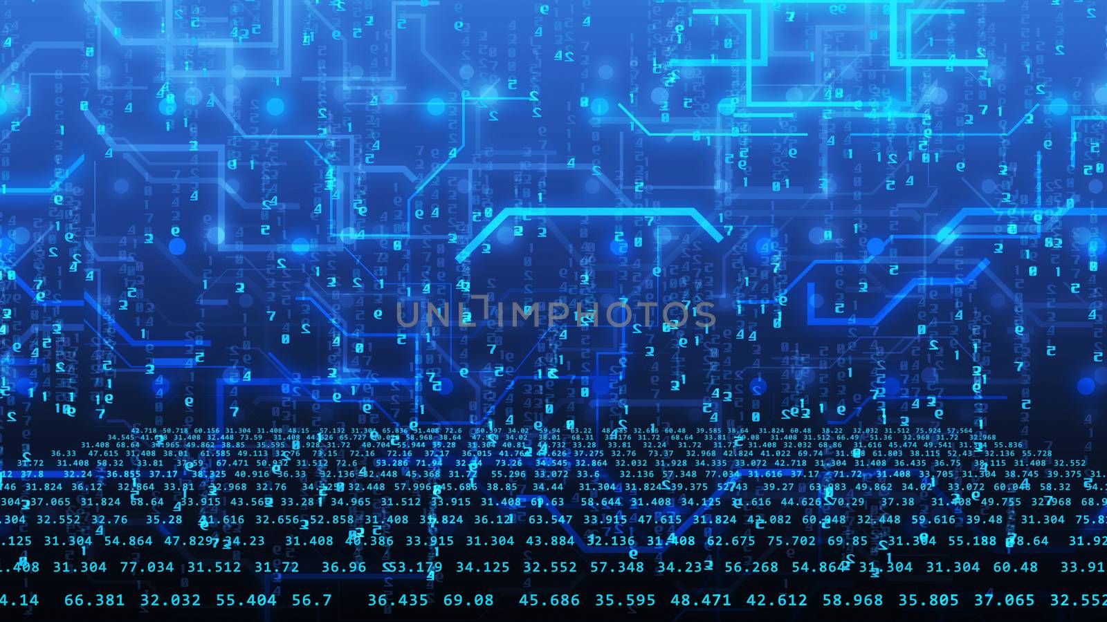 Impressive 3D illustration of a futuristic cyberspace with staircase style situated blue digits from 1 till 10, numerous computer graphic lines and dark blue background.