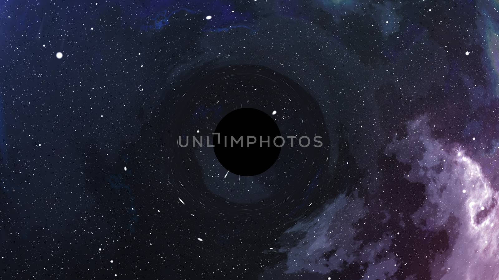 3D illustration of the Big Bang dark antimatter situated in the center and funnel looking bright lit atomic elements flying around it with mysterious and sinister smoke nearby