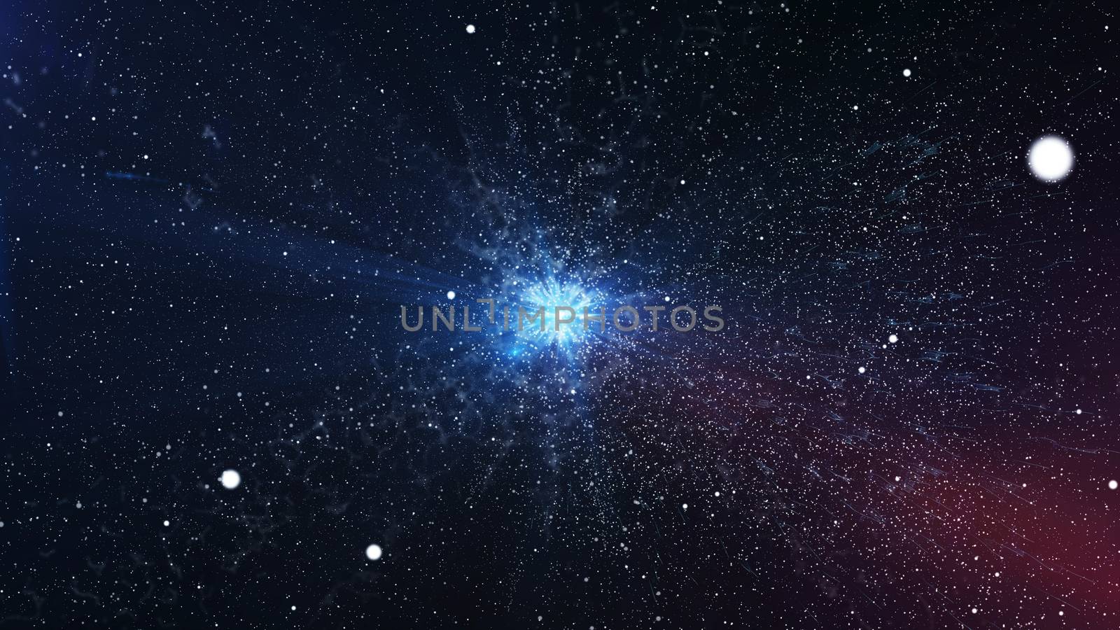 3D rendering of the enigmatic Big Bang flare up with numerous bright stars, atomic elements, flying meteors, sinister smoke, in the dark blue and slightly reddish background 