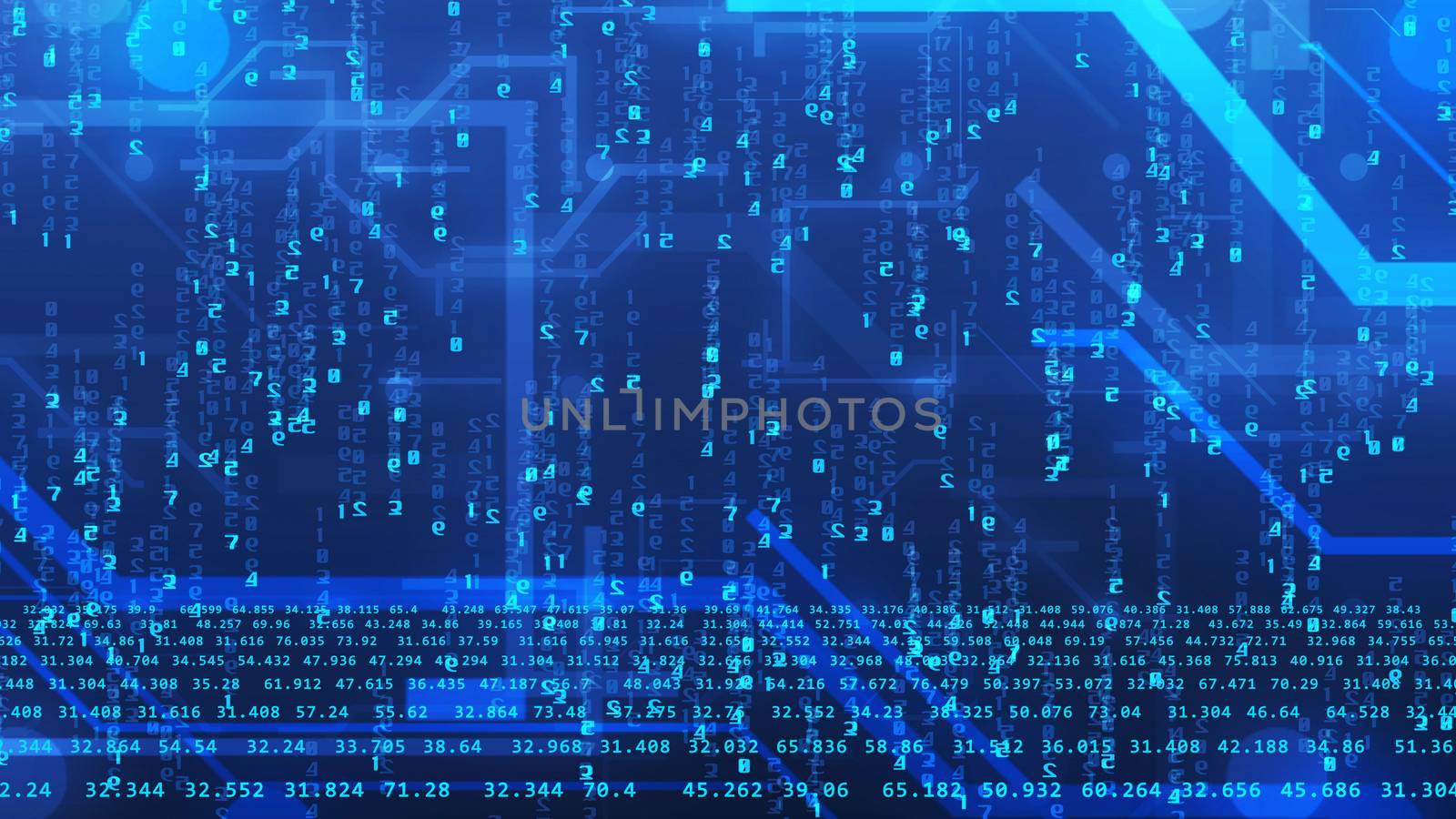 Innovative 3D rendering of a hi-tech cyberspace with flying light blue digits from 1 till 10, with a lot of computer graphic lines, a palette of shadows, and futuristic background.
