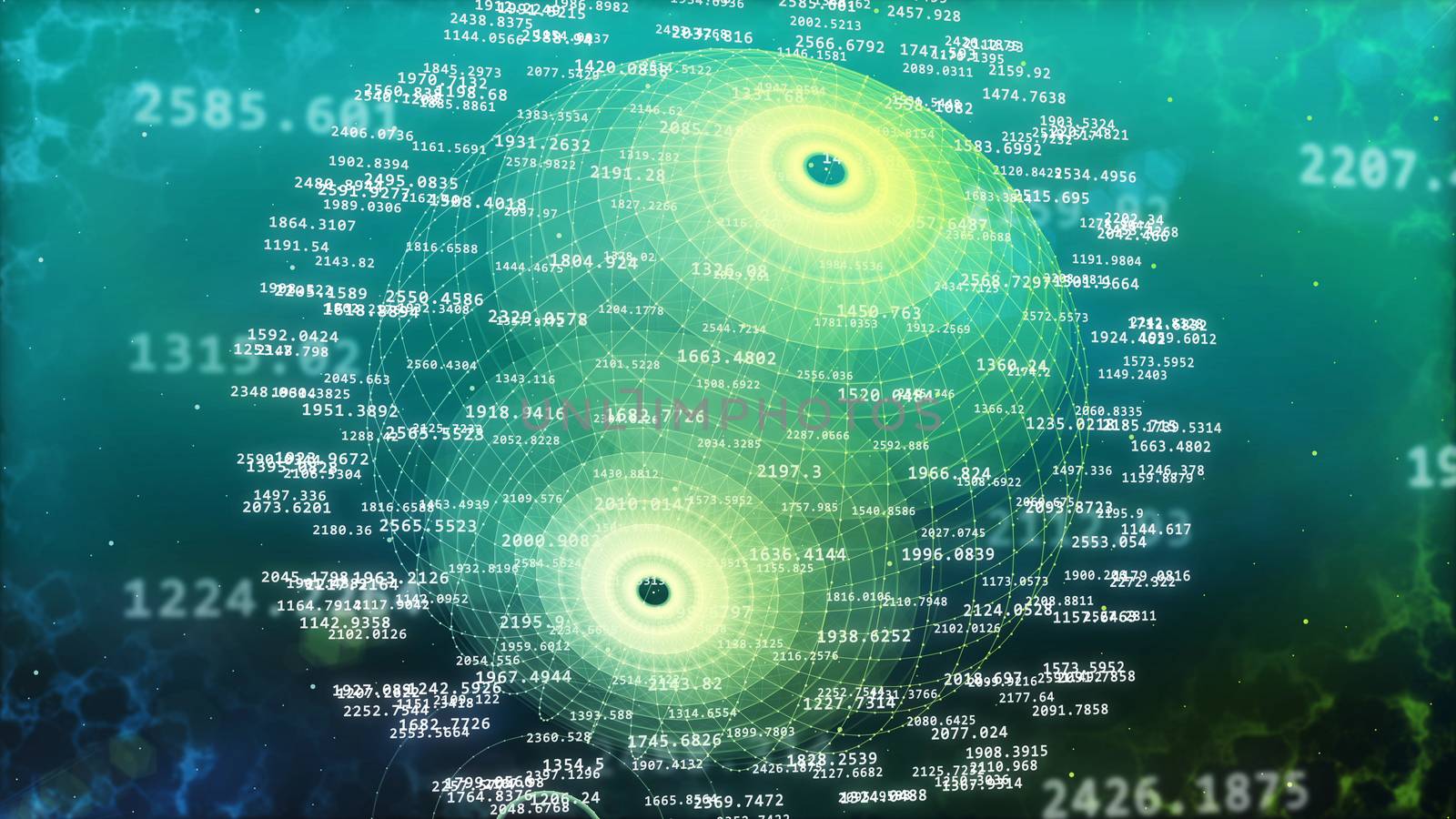 Impressive 3d rendering of the futuristic spheric data cyberspace with two poles, numerous curvy lines, various digits, slight shadows, in the light blue background.