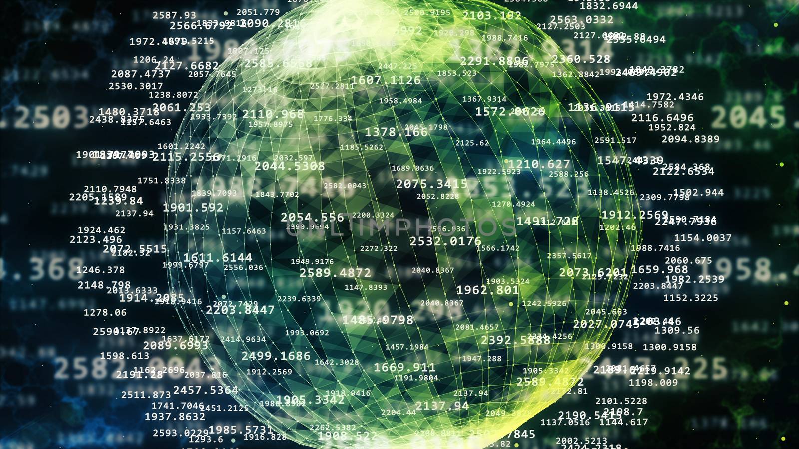 Ultramodern 3D rendering of the computer grid covering the Earth with longitude and latitude lines, numerous decimal figures, in the darl blue and black background