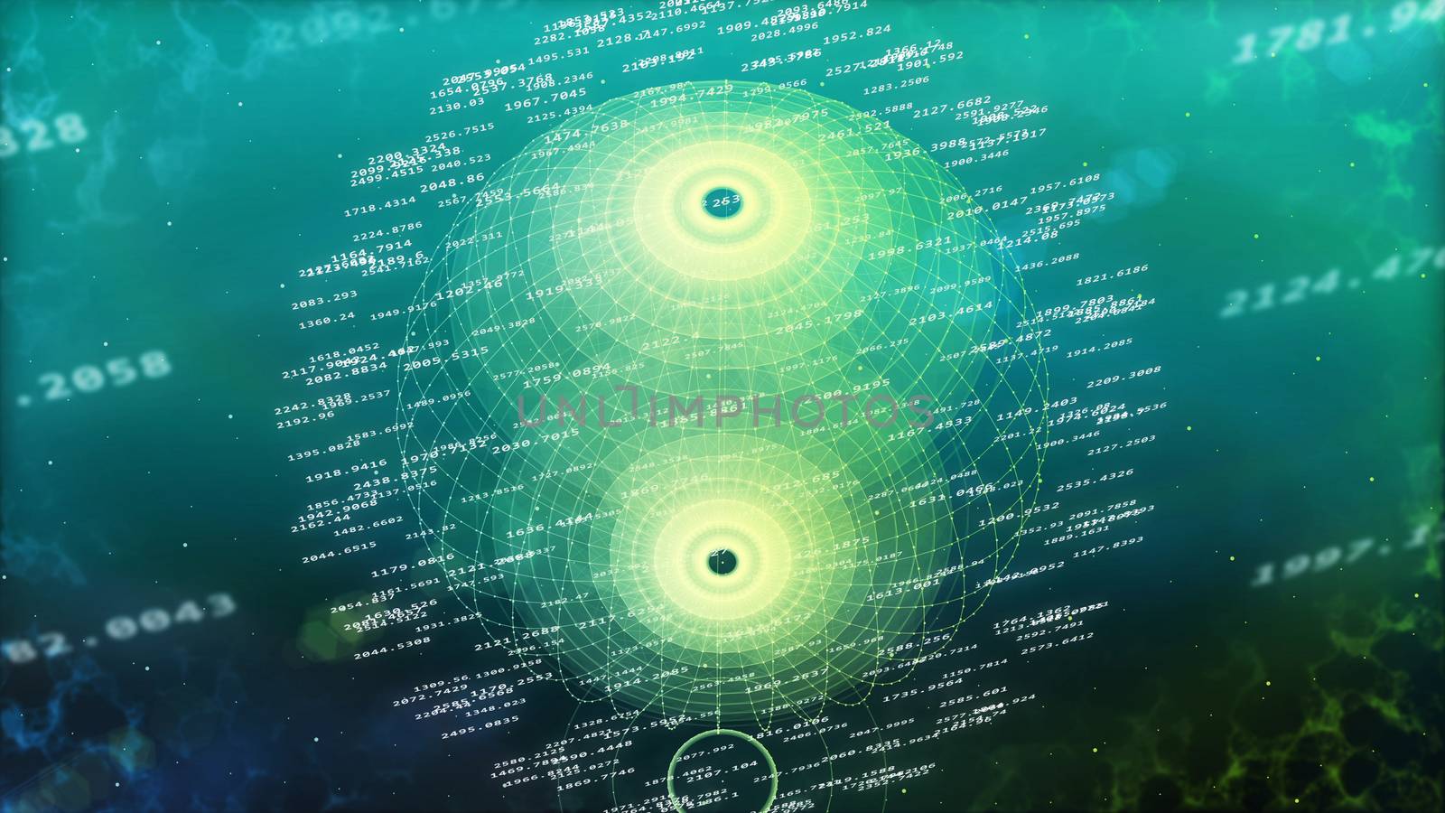Futuristic 3d rendering of the high-tech spheric data cyberspace with two poles, curvy longitude lines, various digits, slight tints, in the light blue background.