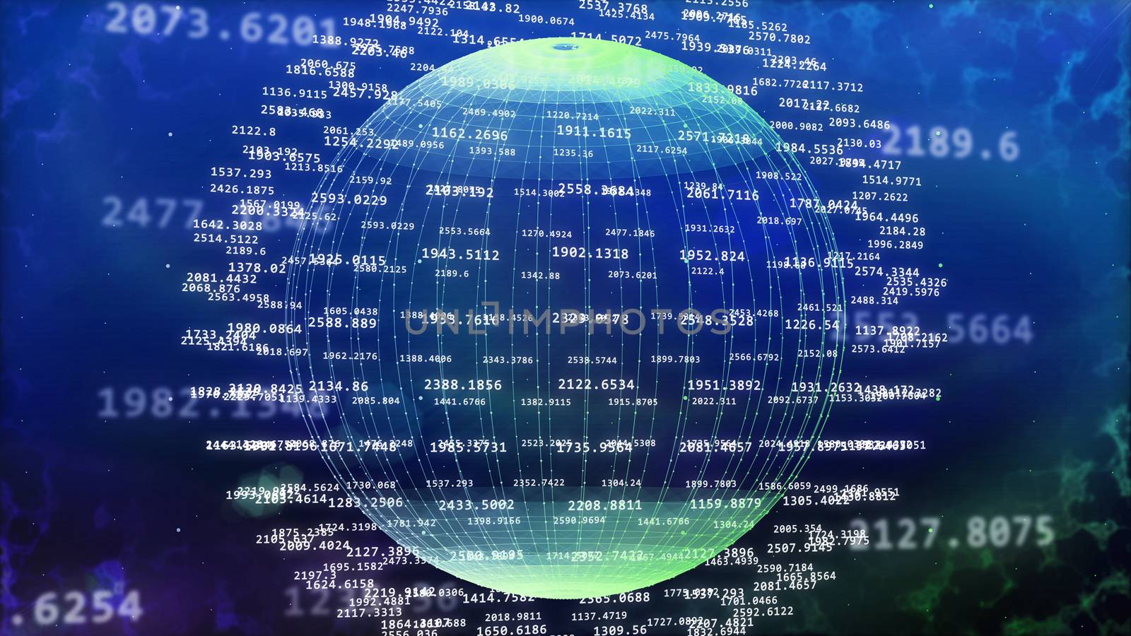 Splendid 3D rendering og the global cyberspace with white longitude lines in the bright blue background with numerous decimal figures and enigmatic clouds nearby