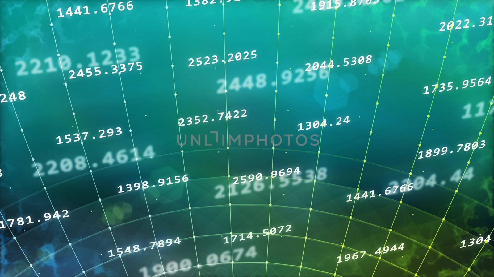 Impressive 3D illustration of the computer networl covering the surface with longitude and latitude lines, numerous decimal figures, in the light blue background