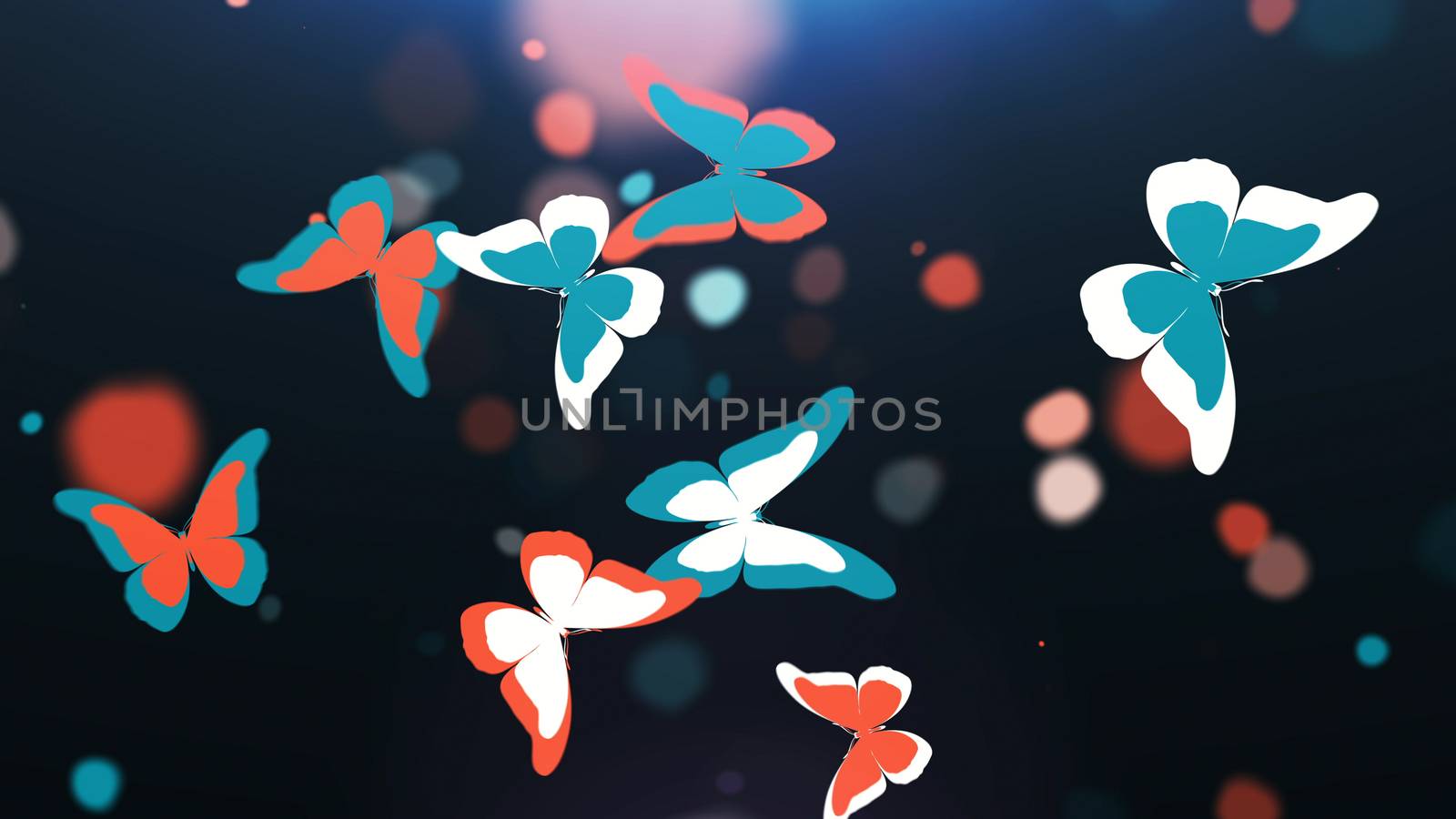 Splenid 3D illustration of the blue and red and white butterflues in the black background with tender looking wings. The butterflies look simplistic and impressive