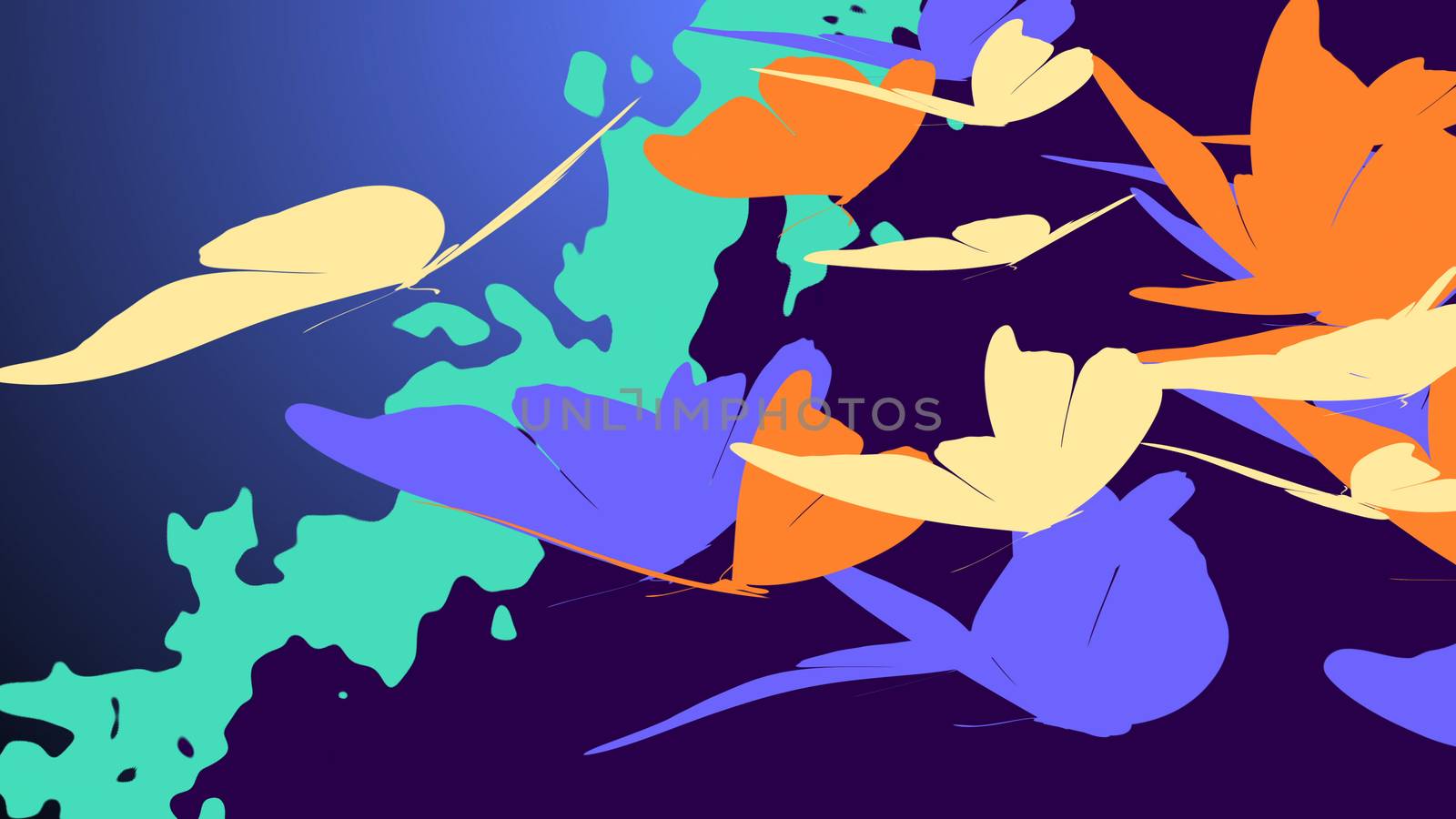 Impressive 3D illustration of the exotic orangr, gray, and white butterflies, in the light blue, violet and dark blue background. The butterflies look romantic and fragile