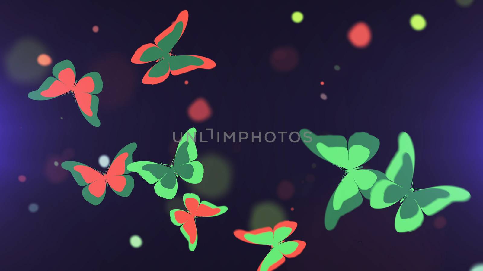 Impressive 3d rendering of the fragile butterflies flying between bright yellow and red spots in the dark violet background with big red and blue wings and clubbed antennae