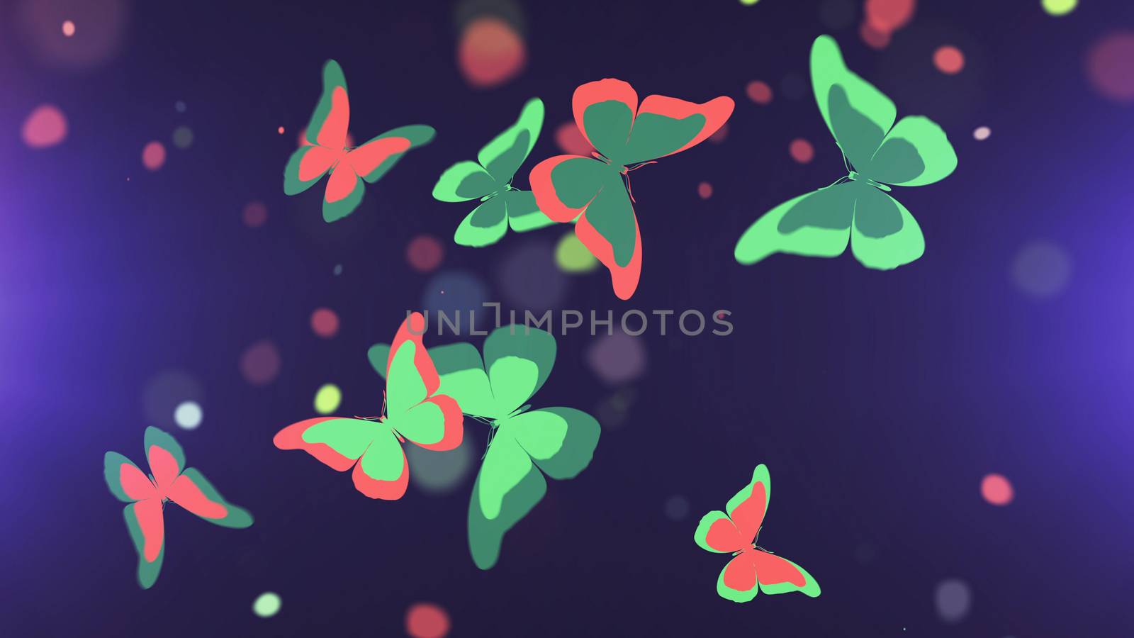 Beautiful 3D illustration of the tender looking butterflies with clubbed antennae and beautiful wings flying between red and yellow spots in the light violet background