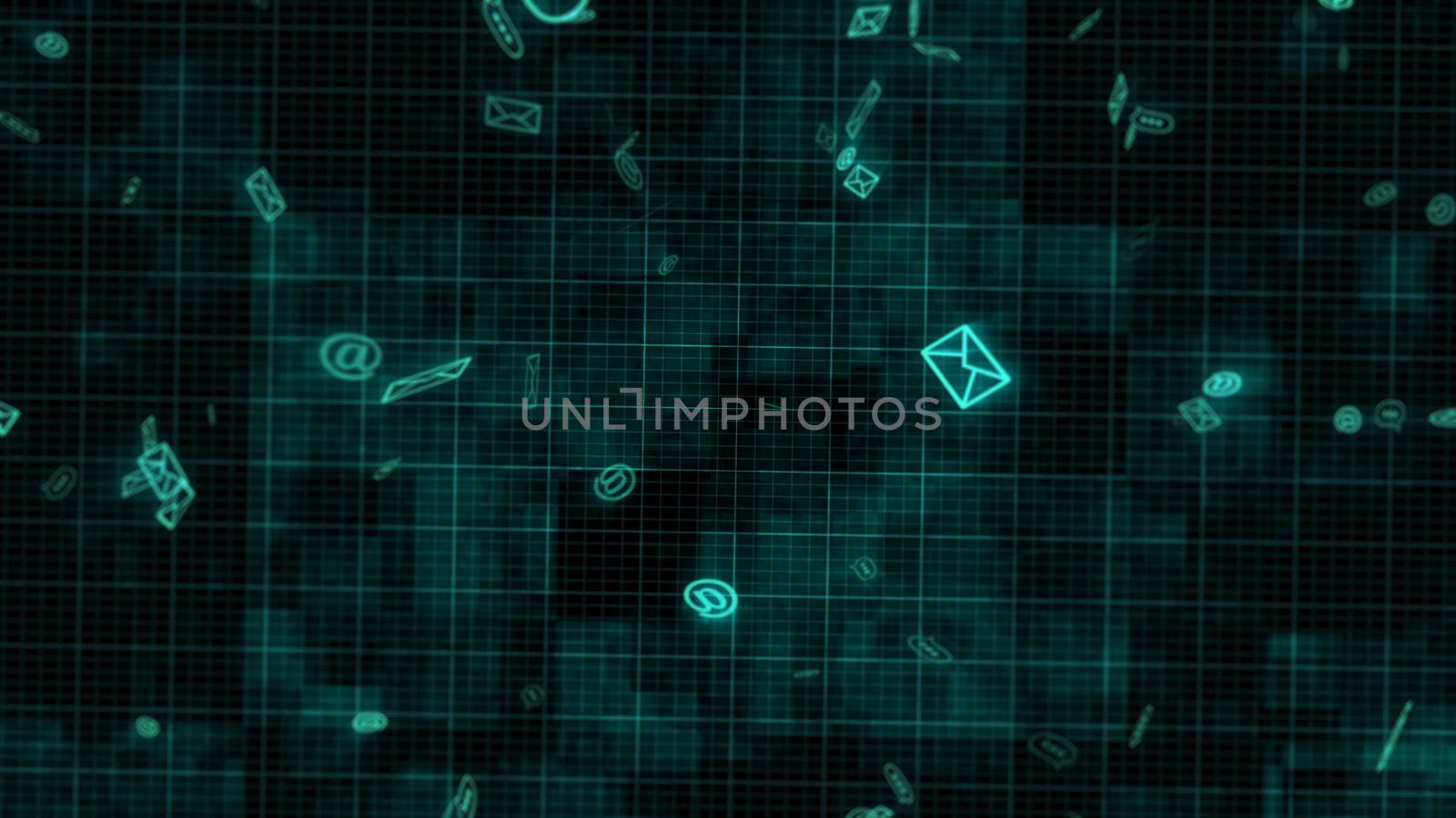 Futuristic 3d illustration of a cyberspace with flying light blue and envelope looking emails in the dark blue background with a light blue computer grid on it