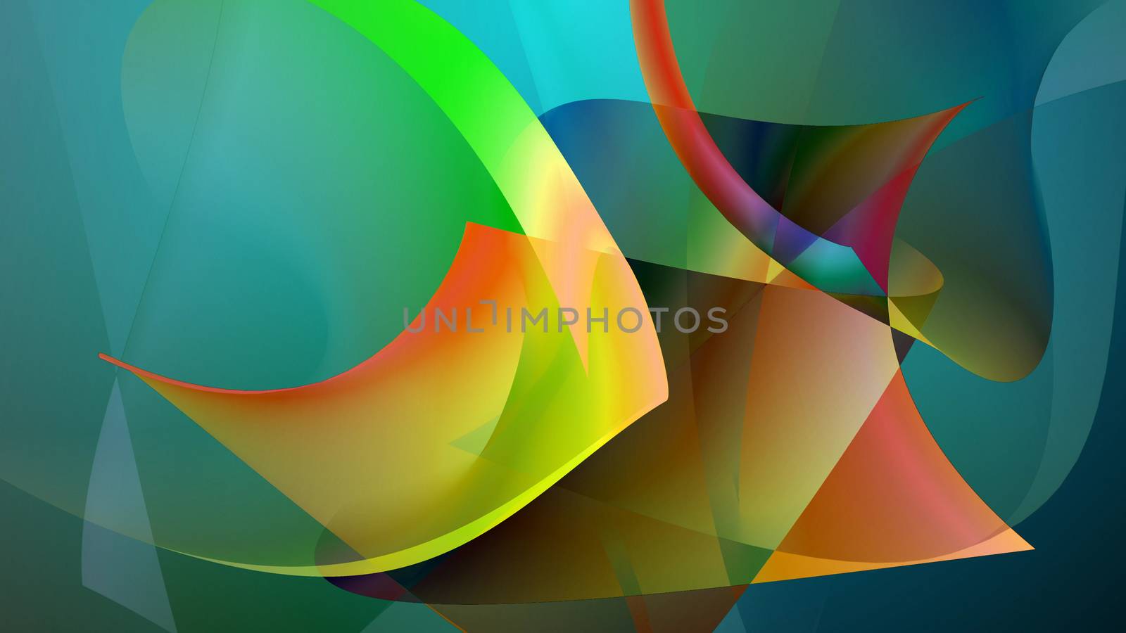High art 3D illustration of an abstract picture which shows some futuristic fishes of yellow, blue, green, brown colors, and other tints. The lines are curvy and tender