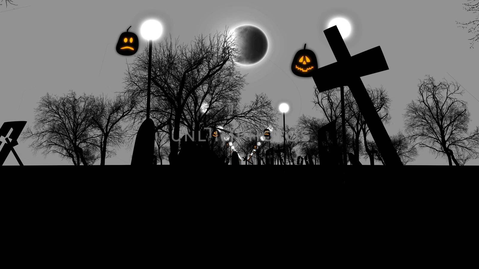 3D rendering of an ancient churchyard with half ruined graves with crosses, street lanterns, ominous trees, and two lit pumpkins, on Halloween.  The gray sky and moon eclipse look creepy. 