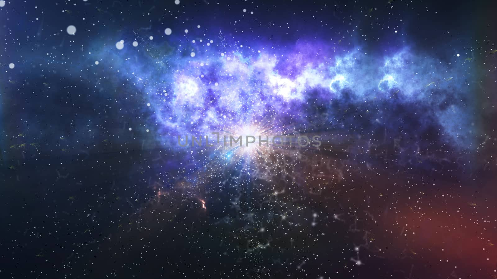 Mysterious 3D illustration of the dark matter explosion and creation of the universe with billions of cosmic atoms, flying meteors, a lot of of light elements, and halos of new stars