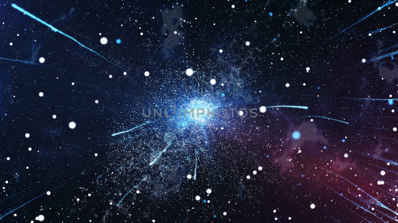 3D rendering of numerous bright constellations and impressive flying meteors with the plazma looking center showing the Big Bang expansion in the dark blue background