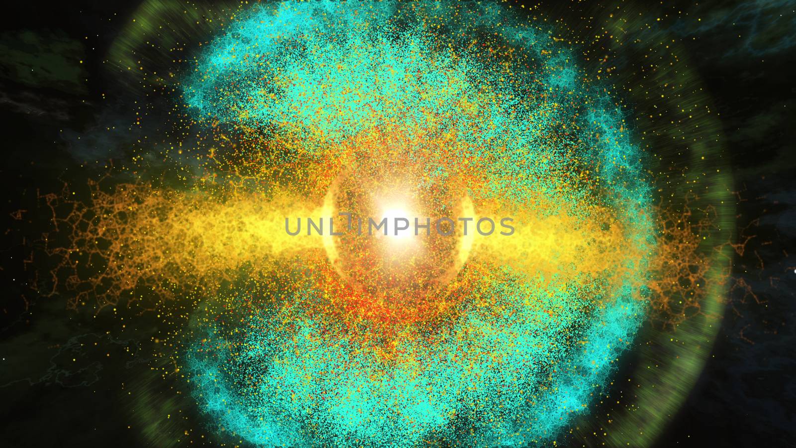 Impressive 3D illustration of the light green galaxy with a lot of dots having a round shape with a ball looking center of yellow color. The galaxy looks bright and dreamlike