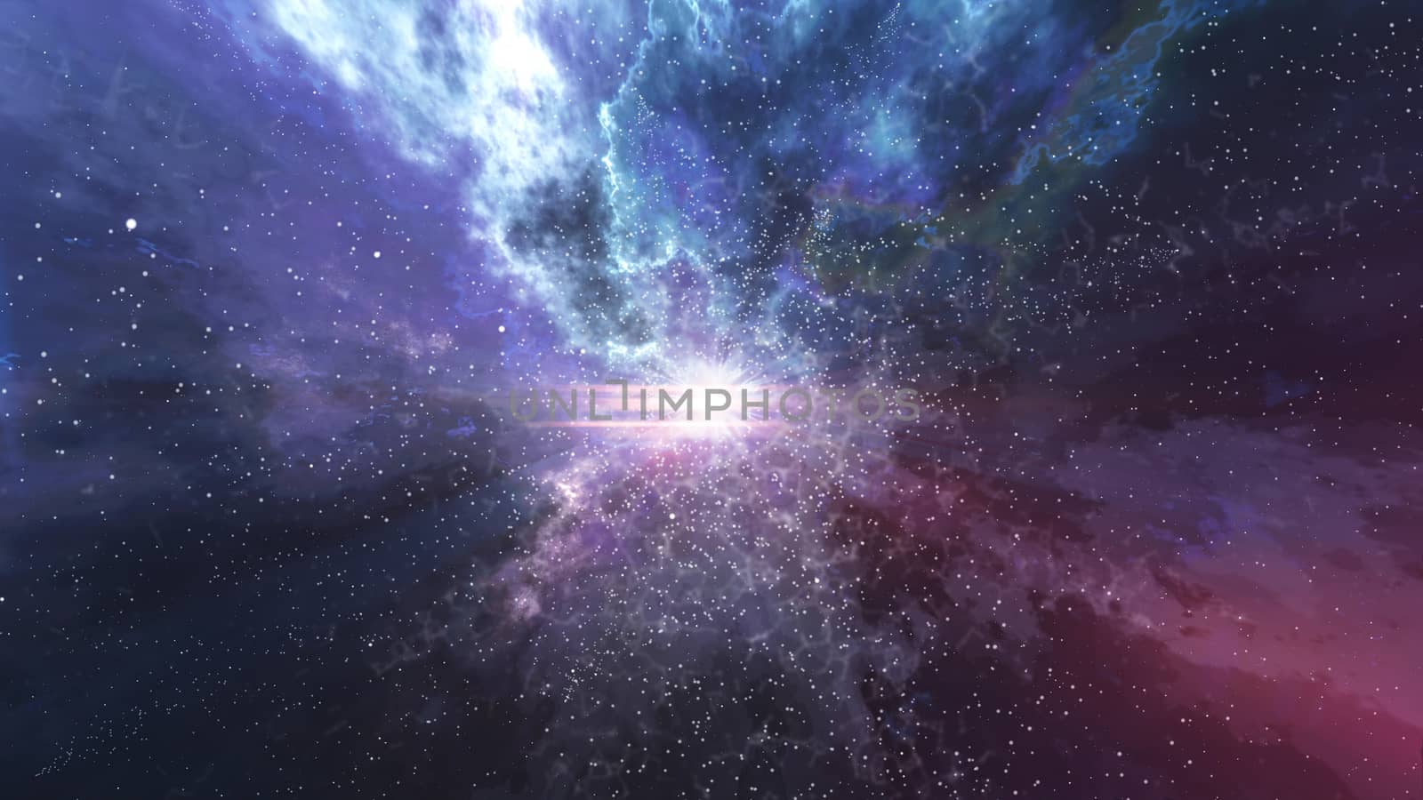 Mysterious 3D illustration of a big bang of our universe with futuristic flashing lightning lines, fuzzy and spotted space, creepy smoke, rushing meteors, spirit of eternity, black background.