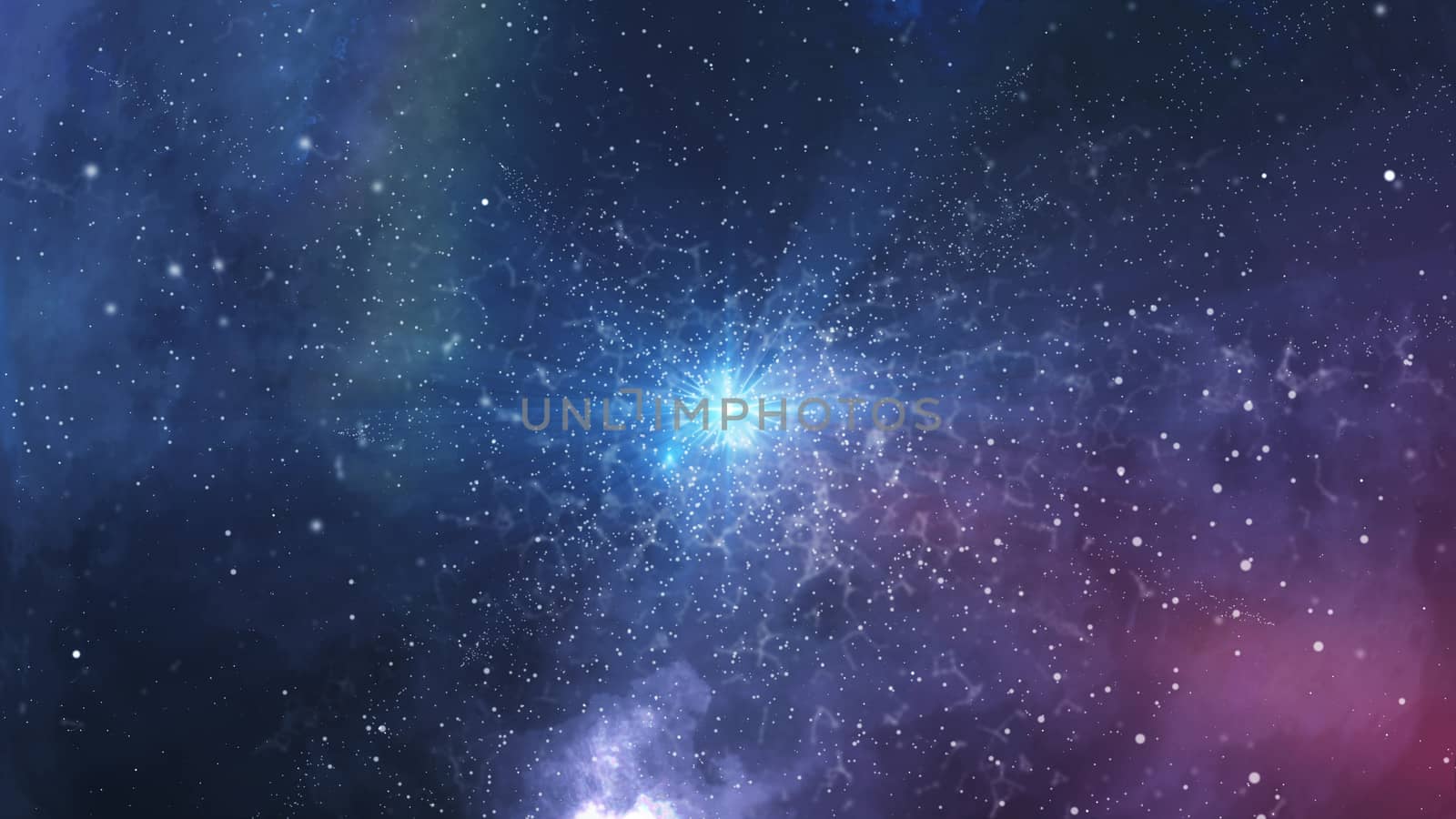 Futuristic 3D rendering of a sci-fi big bang with a blaze in the center, flying elements,  fuzzy and menacing universe, enigmatic smoke, flying meteors, and a feeling of greatness