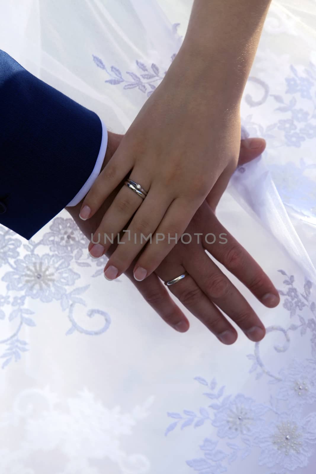 Hands of the bride and groom on the background of a wedding dress