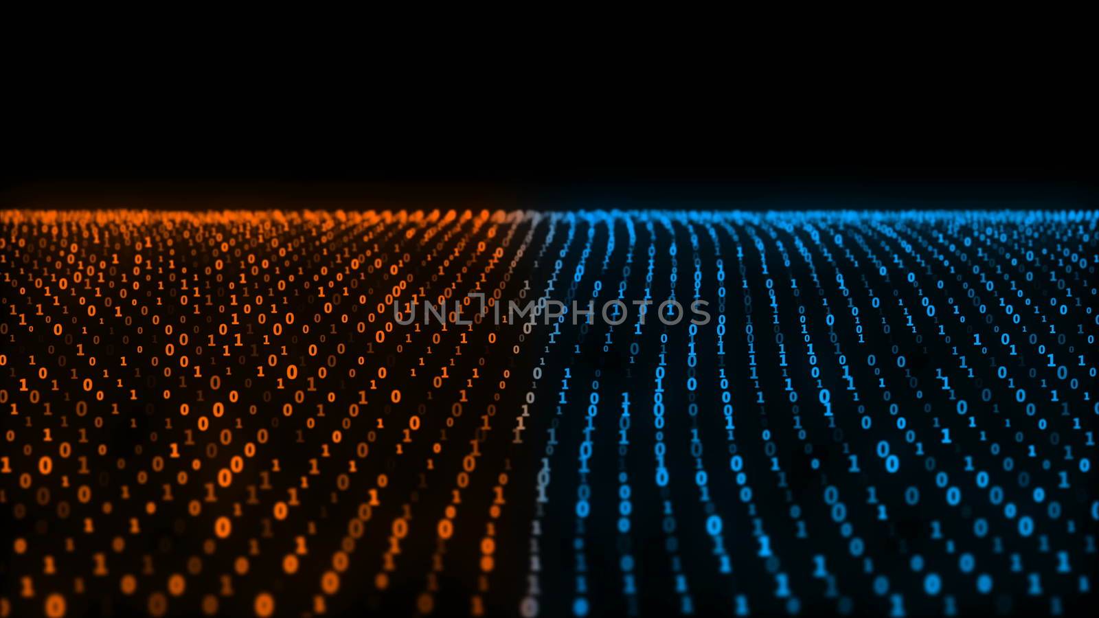Abstract animation of the binary code waves with binary digits 1 and 0 and motion binary code on background. Symbolizes the ocean. Digital backdrop. 3d rendering
